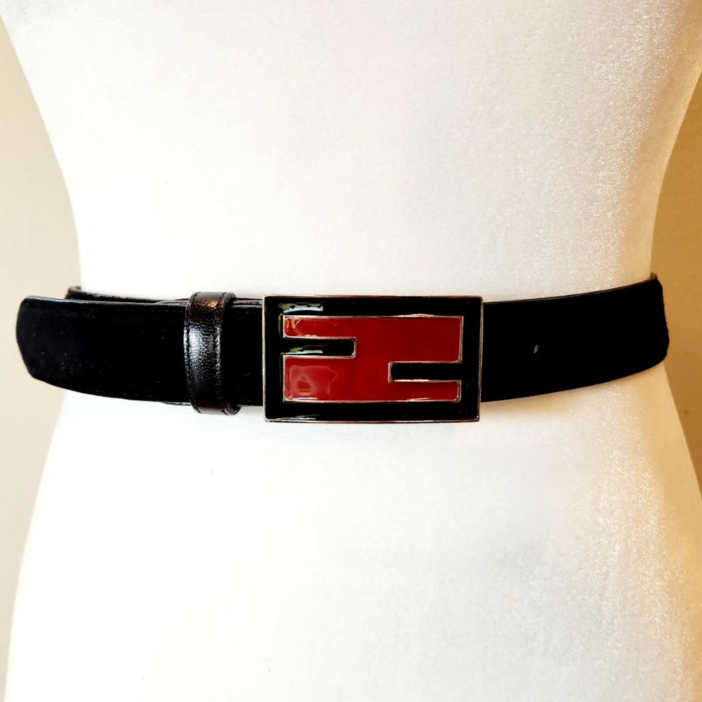 FENDI Classic Logo Suede Belt Silver, Red & Black
